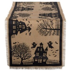 Halloween Burlap Table Runner with Black Haunted House Design